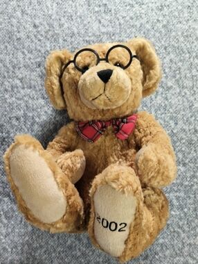 2002 Vintage Plush Brown Teddy Bear with Red Plaid Bow Round Glasses Collectible